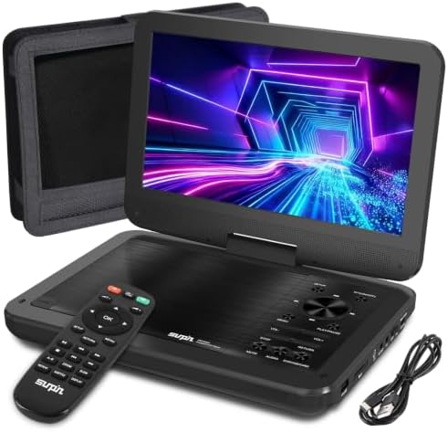 SUNPIN 12,5 Zoll Tragbarer DVD Player mit 10,5 Zoll HD Schwenkbaren Bildschirm, 6h Akkulaufzeit, Region Free, AV-Out/Kopfhörerbuchse, Auto Halterung Inklusive - Ideal für Reisen/Au
