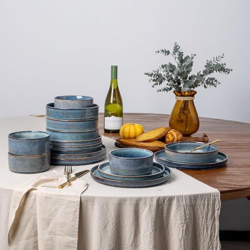 GBhome Steingut Geschirrset 8 Personen, 24-tlg Reaktive Glasur Handarbeit Steingut Geschirr Set, Mikrowellen- & Spülmaschinenfest Schüssel- und Teller Set,Weltraum Blau