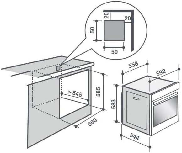 Diagram showing oven and cabinet dimensions for installation