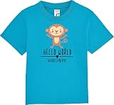 Kleckerliese Baby Kinder T-Shirt Hello World AFFE Wunschname Kurzarm Sprüche Jungen Mädchen Shirt Nicki, Aqua, 6-12 Monate