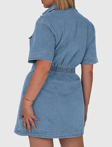 Denim Shirt Dress for Women Short Sleeve, Jean Stretch Button Down Dresses for Summer2