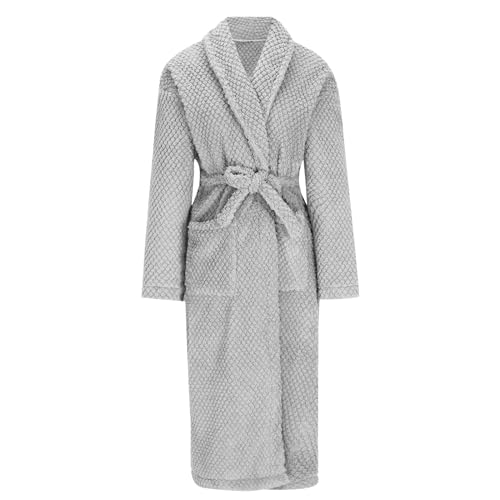 Mens Robe Fleece Shawl Collar Bathrobe Warm Long Robe Cozy Soft Spa Robes with Pockets Loungewear Sleepwear