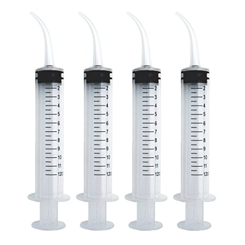 Dental Irrigation Syringe with Curved Tip and Graduation Marks, 12ml (Pack of 4)