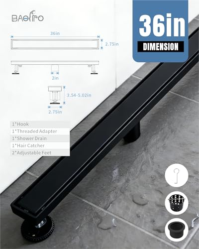 Image of 36 Inch Matte Black Linear Shower Drain | CUPC Certified 2-in-1 Tile Insert for Curbless Showers. 304 Steel, 15.8GPM Flow. Includes Hair Catcher & Adjustable Feet.