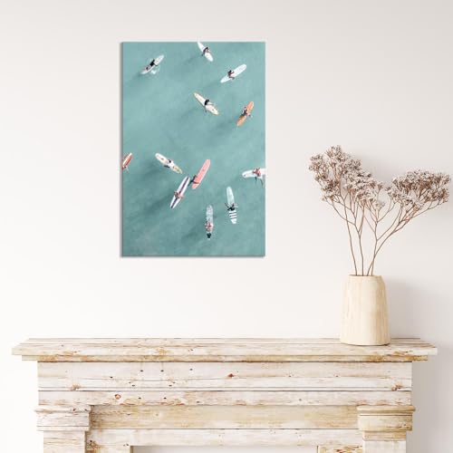 Abstract Ocean Painting - Denim-Clad Surfers Floating On Translucent Waves, Modern Serene Sea Canvas Wall Art For Coastal Living Room Decor Modern Beach House 24x36in Wframed - Image 6