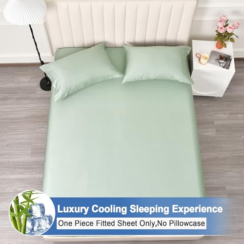 PHF Cooling Fitted Sheet Twin Size for Hot Sleeper,100% Rayon Derived from Bamboo_,16" Deep Pocket, 2.5cm Wider Strong Elastic Easy Fit, Breathable Silky Soft, 39"x 75",Sage Green, No Pillowcases