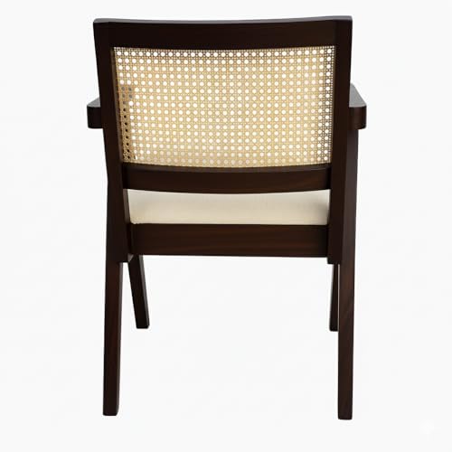 Image of Sainistree Furniture Solid Sheesham Wood Rattan Armchair, Walnut Finish Cane Back Chair with Cream Upholstery, Elegant Wooden Chair for Living Room, Bedroom, Dining, Indoor & Outdoor Furniture (Cream)