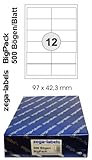 6.000 Etiketten 97 x 42,3 mm selbstklebend auf DIN A4 Bögen (2x6 Etiketten) - 500 Blatt Bigpack - Universell für Laser/Inkjet/Kopierer einsetzbar - 97 x 42 mm