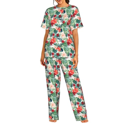 Pyjama manches courtes femme imprimé fleurs hibiscus et feuilles | Ensemble de nuit léger