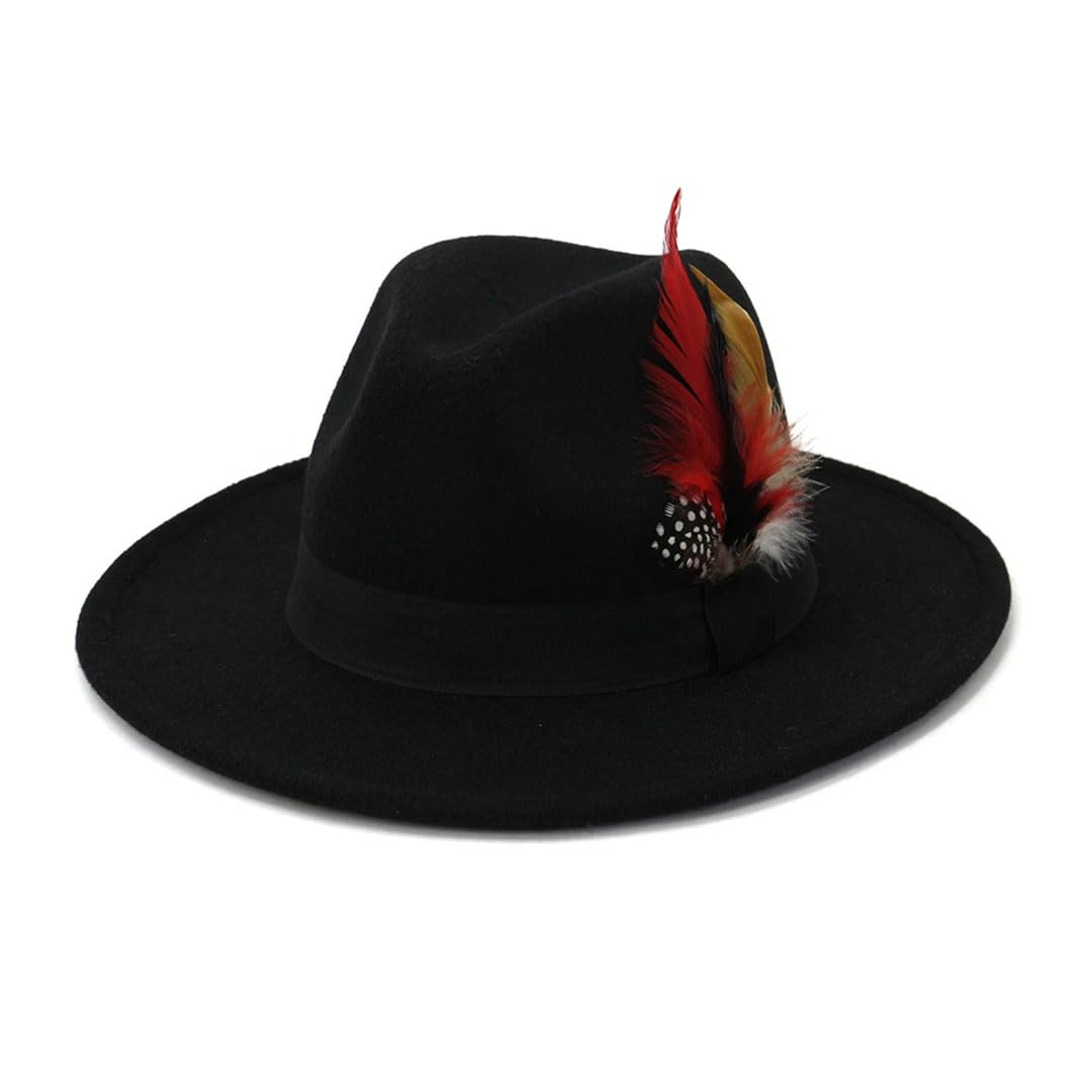 Kobiety mężczyźni szerokie rondo wełniany filc Fedora Panama kapelusz z piórami Jazz Trilby Cap Party Church Formalny Top Hat