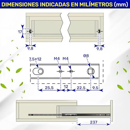 Miniatura 3 de 1 Par Guias Correderas Para Cajones Con Rodamiento De Bolas 342 Mm X H 17 Mm - Rieles Para Cajones Telescópicas Tienen Una Extensión Parcial De 237 Mm - Garantía De 10 Años - Monteral