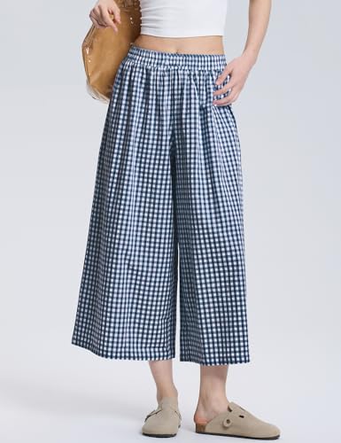 Image of LOMON Womens Wide Leg Capri Pants Gingham Plaid Culottes Summer Elastic Waist Palazzo Trousers Bottoms with Pockets