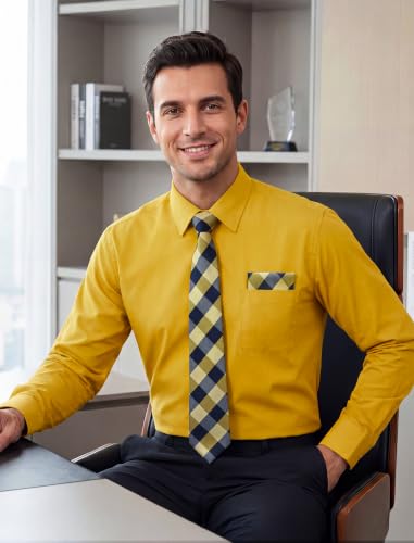 Image of HISDERN Mens Dress Shirt with Tie Pocket Square Set Classic Button Down Shirt Matching Tie Long Sleeve Shirts