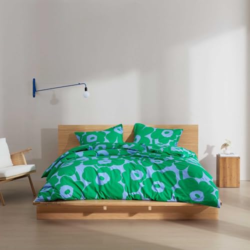 Image of MARIMEKKO - Queen Duvet Cover Set, Soft Cotton Bedding for Year Round Comfort, 3 Piece Floral Bed Set with Matching Pillowcases (Unikko Green)