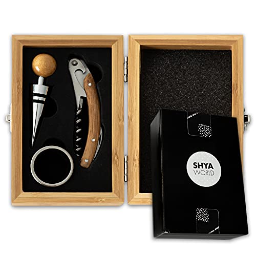 ShyaWorld Set de Vinos Accesorios para regalar. Estuche de Regalo elegante con acabado de Material Natural Eco. (Set Madera Bambú) Cover