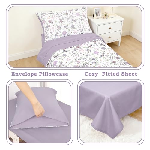 Image of SWESEN Toddler Bedding Set for Girls, Purple Floral Toddler Girls Bedding Set, Soft & Lightweight 4 Piece Toddler Comforter Sets Include Comforter, Flat Sheet, Fitted Sheet, Pillowcase