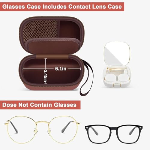 Image of GWCASE 2-in-1 Contact Lens Travel Case for Eyeglasses & Sunglasses | Hard PU Exterior Bag with Soak Storage Kit Included Built-in Mirror Tweezer Contact Lens Solution Bottle-Brown(No Glasses)