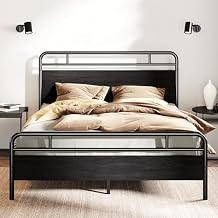 SHA CERLIN Full Size Bed Frame with Vintage Industrial Wood Headboard, Heavy Duty Metal Platform with 12" Under-Bed Storage, Mattress Foundation, No Box Spring Needed, Noise-Free, Easy Assembly, Black