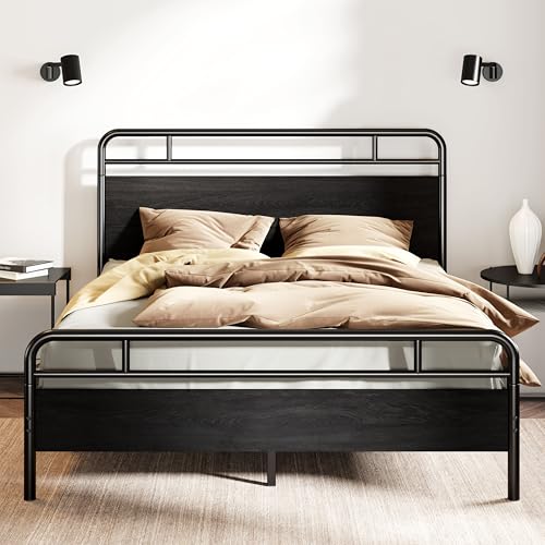 SHA CERLIN Queen Size Bed Frame with Vintage Industrial Wood Headboard, Heavy Duty Metal Platform...