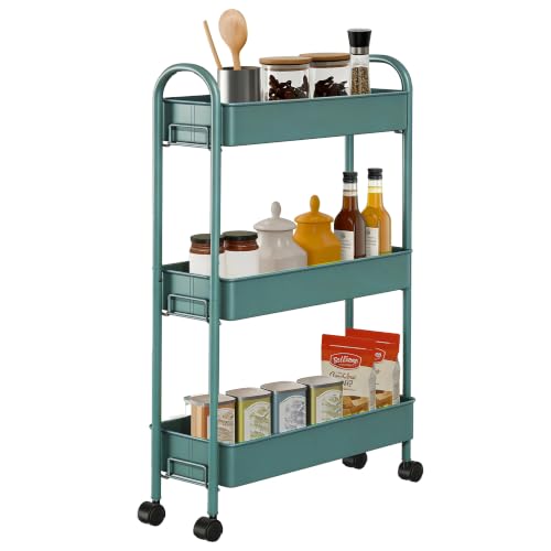 Slim Rolling Cart, Metal Frame Utility Rolling 3-Tier Narrow Storage Cart