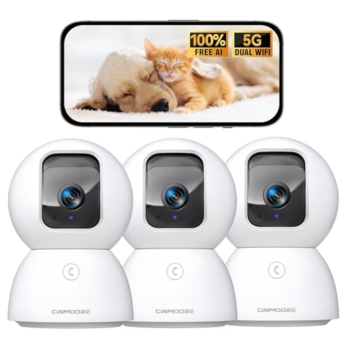 CINMOORE 5G Security Camera Indoor 3-Pack, No-Monthly-Fee AI Tracking Facial Recognition, 3K Pet/Dog Camera with Speaker/Phone App, PTZ WiFi Baby Monitor Cameras for Home Security, 0-Glow Night Vision