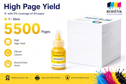Image of ROHINK Premium Compatible Dye Ink Bottles for Brother Printers, T220, T300, T310, T420, T500, T520, T820, T920, T510, T910, T710, T4500W, T800W, T710W - Printer (Brother BTD 5000 Yellow Pack 1)