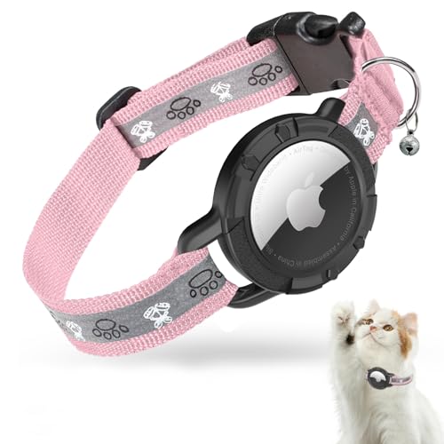 AirTag Katzenhalsband, Reflektierend Air Tag Halsband Katze, GPS Katzenhalsband mit Verstellbares und Glocke, Integriertes Apple Air Tag Katzen Halsband für Katzen Welpen (Rosa, 9-13 Inch(23-33cm))