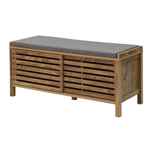 Calicosy - Banco de zapatos con 2 puertas correderas con hojas caladas - Cojín de tela gris lino - patas de madera y decoración madera - Colección Liam - Entrada, dormitorio - L 112 x P 43,5 x 51 cm