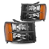 APSVE Headlights Assembly for 2007 2008 2009 2010 2011 2012 2013 GMC Sierra 1500, 07-14 Sierra 2500HD 3500HD Head light Headlamp, Black Housing Amber Reflector