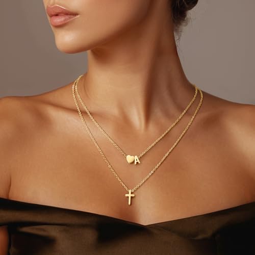 Cross Necklace, Layered Initial Necklaces for Women,Dainty 18K Real Gold Plated Heart Initial Necklace, Personalized Gifts for Women Teen Jewelry2