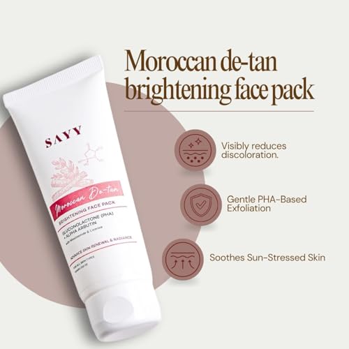 Image of SAYY Moroccan De-Tan Brightening Face Pack with Gluconolactone (PHA), Alpha Arbutin, Niacinamide & Licorice Extract | Skin Brightening Face Mask for Tan Removal, Uneven Skin Tone & Radiant Glow | Suitable for All Skin Types | 100g