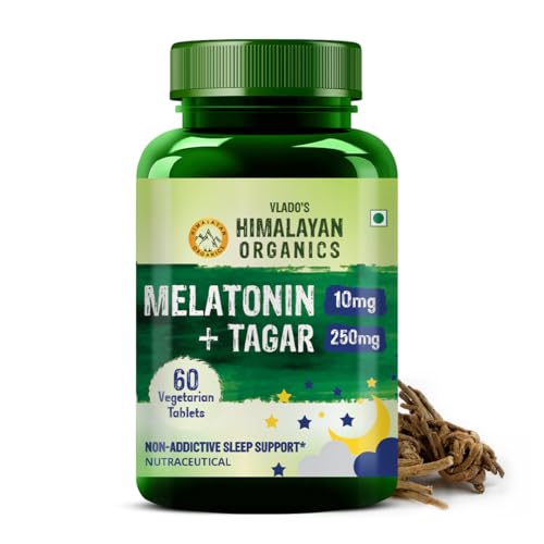 Image of Vlado's Himalayan Organics Melatonin 10Mg + Tagar 250Mg Supplement With Vitamin B6 And Calcium | Non-Habit Forming, Restful Sleep, Improved Focus, Relaxed Mind | Good For Eye Health (60 Tablets)