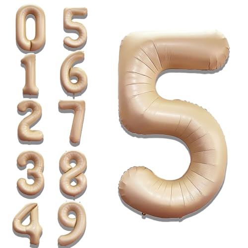 Image of Solid Beige 5 Number Foil Balloons 32 inch 5th Birthday Party Decoration Helium Supported