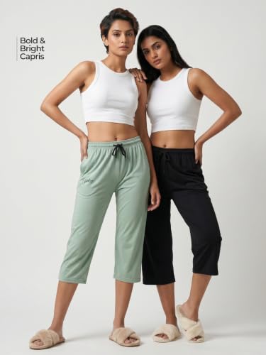 Image of Fflirtygo Women's Cotton Plain Calf Length Capri | Nightwear Short Pyjama | 3 /4th Solid Pyjama Pant | Regular Fit Casual & Lounge Wear Capri Combo (Pack of 2)