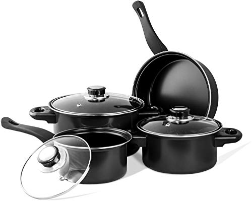 Imperial Home Juego de 7 utensilios de cocina antiadherentes de acero al carbono, juego de ollas y sartenes, apto para lavavajillas, juego de cocina, esenciales de cocina (negro)