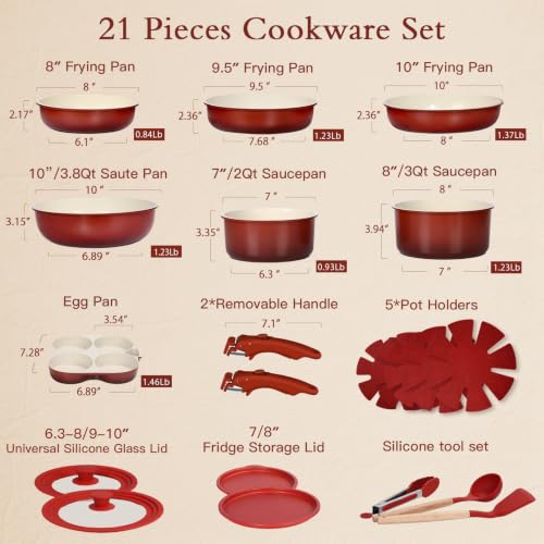 Image of GIPP 21PCS Pots and Pans Set Non Stick,Kitchen Cookware Set Detachable Handle,Red and Black Gradient Pot and Pan Set,Non Toxic Cooking Pan Set with Frying Pans Set,RV Cookware Sets for All Stoves