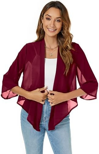 Famrrifuu Bolero voor dames, chiffon, schouderjas, 3/4 mouwen, elegant, kort, cardigan, lichte dunne bolerojas, casual top, wijnrood, L