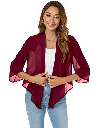Famrrifuu Femme Boléro Court Gilet Léger Manches 3/4 Boléro Élégant Veste Courte Mousseline de Soie,Rouge vin,XXL