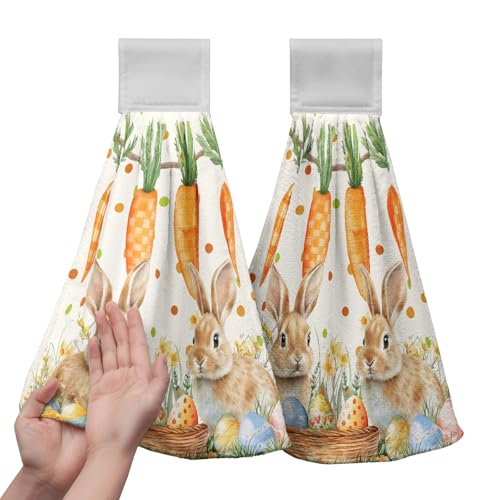 Kwlegh Easter Hanging Dish Towels Lovely Bunny Carrot Egg Floral Kitchen Towels with Hanging Loop Spring Holiday Hand Tie Towels Soft Absorbent Bath Towel for Bathroom Decoration Set of 2