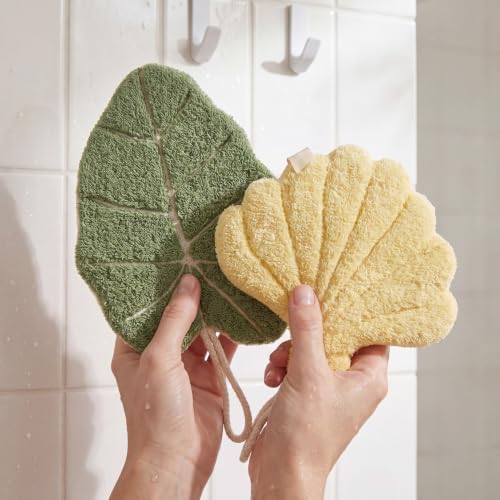 Image of House of Quirk Leaf Shaped Hanging Towels Set of 2 | Soft Coral Fleece Kitchen & Bathroom Towels | Super Absorbent & Quick-Dry Decorative Cloths (Green /Yellow)