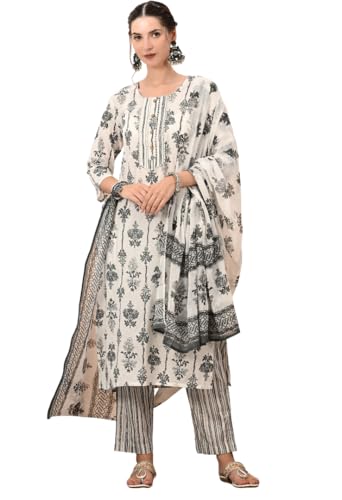Image of Amazon Brand - Tavasya Women Cotton Anarkali Kurta Pant Dupatta Set | Printed Ethnic Suit Set | Flared Anarkali Kurta with Pant & Dupatta | Festive & Casual Wear
