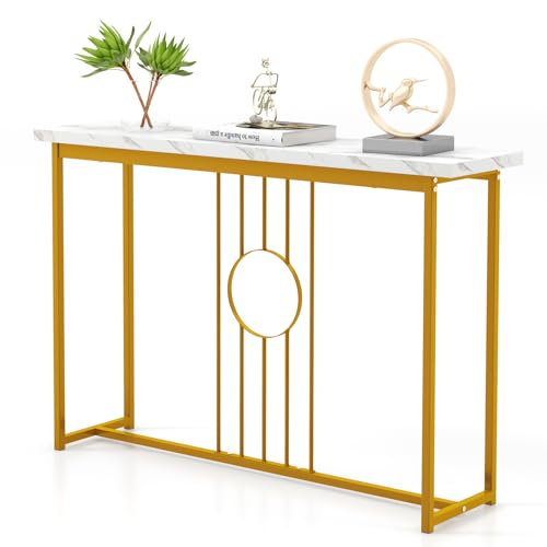 Stile moderno ed elegante: questo tavolo da ingresso è dotato di un piano in marmo imitazione realistica. Le squisite trame della tavola si combinano perfettamente con le gambe in metallo dorato. Nel frattempo, il design di un cerchio sui supporti verticali ti presenta un tocco di lusso moderno creando un look elegante e attraente.