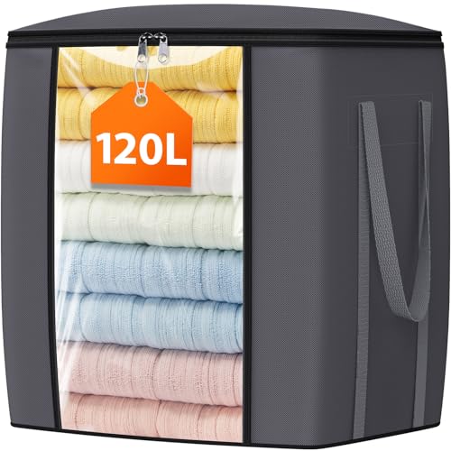 TasticTotes 120L Extra Large Clothes Storage Bags, Foldable Blanket Storage and Organization, Thick Fabric Containers with Reinforced Handles & Zippers for Clothing, Comforters, Bedding, Gray, 1 Pack