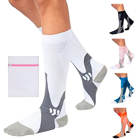 360 RELIEF - Copper Compression Socks Supports | Plantar Fasciitis, Flight, Travel, Sports, Blood circulation, Recovery for Men and Women | White With Mesh Laundry Bag Cover