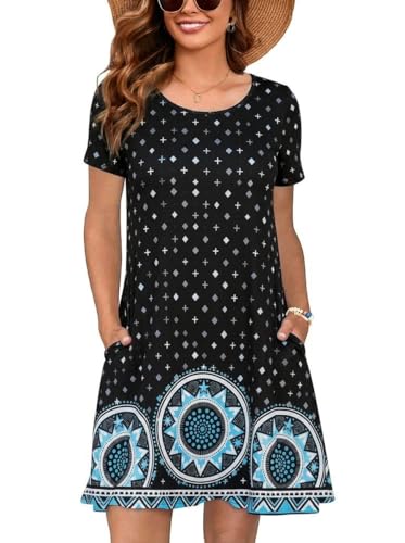 Image of Heymoments Women's Short Sleeve Crewneck Sundress Summer Casual A-Line Beach Dress with Pockets S-2XL