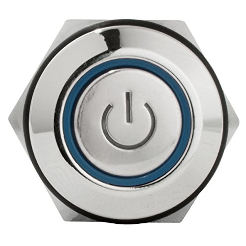 Jacobsparts Latching Maintained Pushbutton On/Off Switch Circular Metal Silver With Blue Power Symbol Light Fits 5/8" (16Mm) Diameter Panel Cutout Hole #TOP2