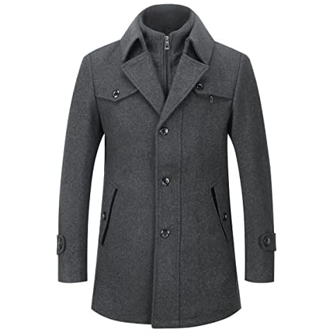 YOUTHUP Mens Wool Trench Coat Winter Thick Peacoat Business Military Coat with Removable Inner Collar, Grey, XL Cover