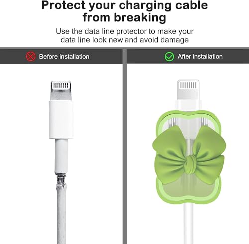 Image of INEFABLE Charger Case Cover Protector with 3D Cute Pattern for iPhone Charger only 18W & 20W, Data Charging Cable Wire Saver Protective Cable Cover Full Protection - Set Of 1 (Green Bow)