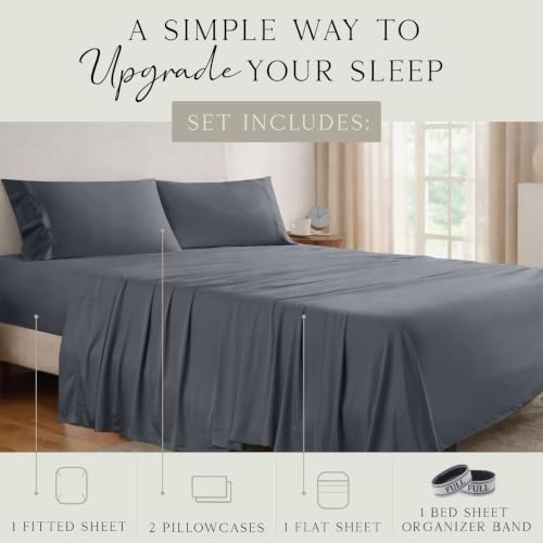 Image of KARISSA MAE Luxury Bamboo Viscose Full Size Sheet Set | FSC Certified | Cooling | Ultra Soft | 18 inch Deep Pockets | Elastic Corner Straps | Includes Organizer Band [Charcoal Grey]