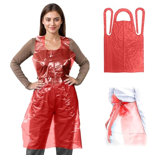 EZGOODZ Disposable Plastic Aprons for Adults, 28 x 46 Inch. Pack of 100 Red Disposable Aprons Adults for Painting. Waterproof Lightweight 1.0 Mil Plastic Apron for Food Service, Cleaning